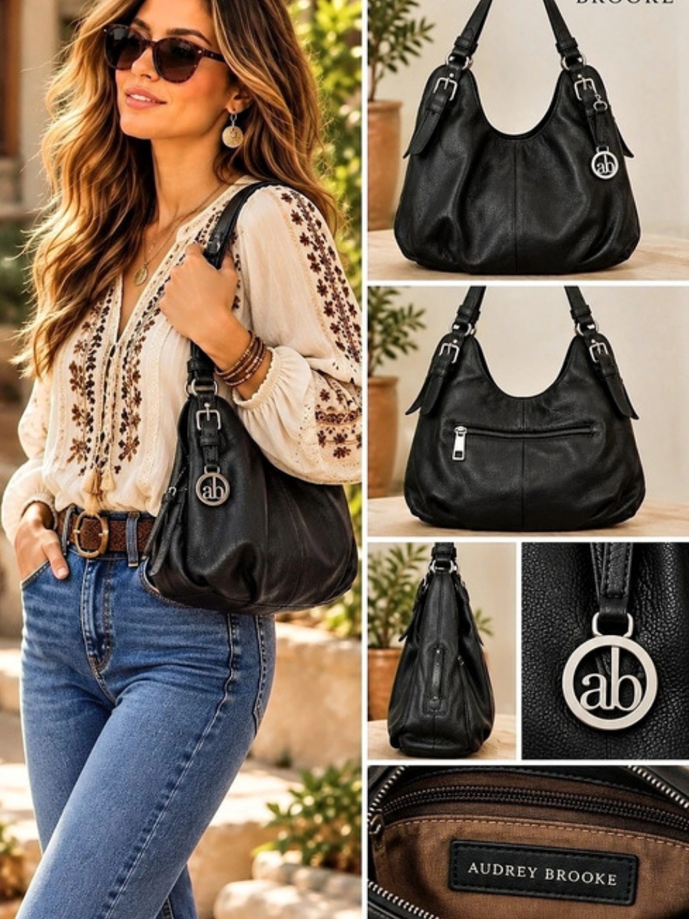 Audrey Brooke Black Leather-Look Hobo Bag